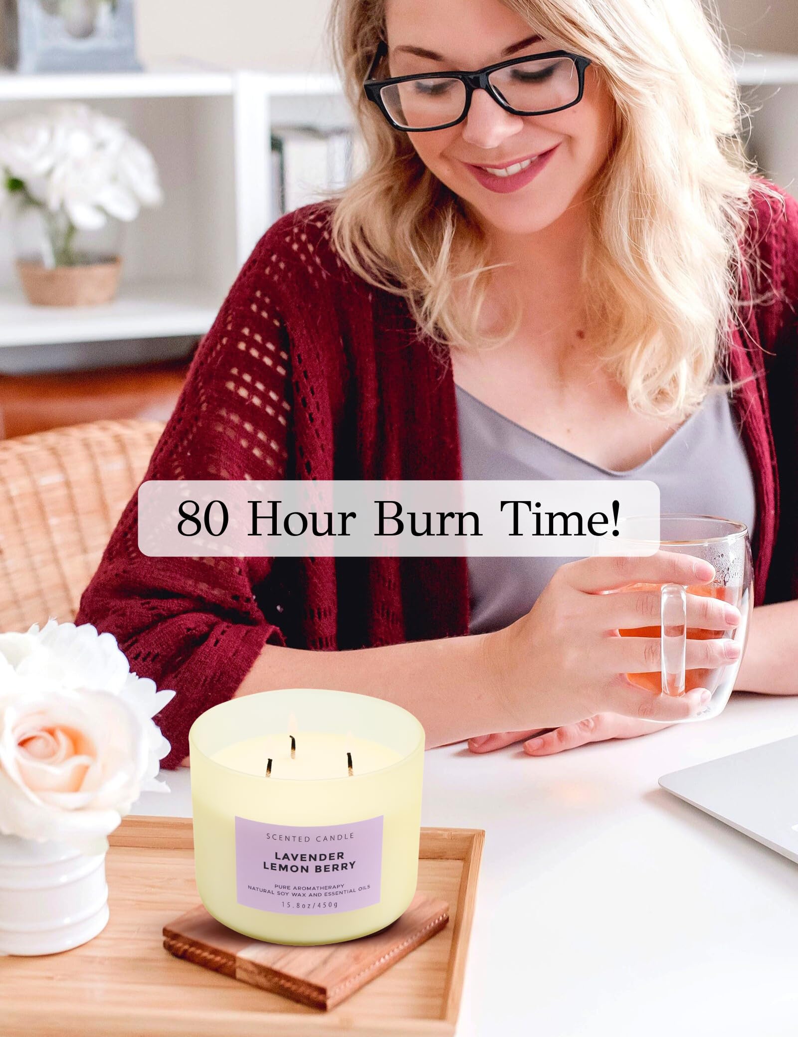 Large Aromatherapy Lemon Lavender 3 Wick Candle  Highly Scented Purple Jar Candles  Relaxing Lavender Candles for Home 15.8 oz